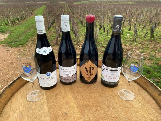 Quatre bouteilles de vin et deux verres sur un tonneau